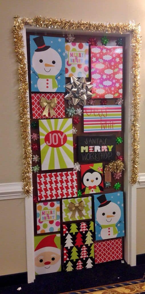 Christmas wrapping paper for dorm door decor ideas