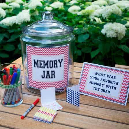 memory jar of candies for grad table decor