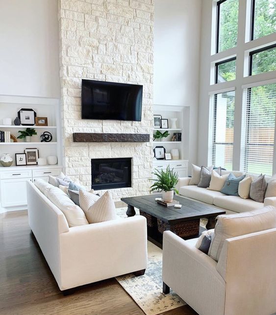 Paint Color Ideas for a Family Room with a Stone Fireplace