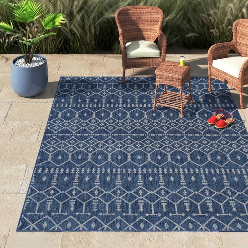 Blue and White Geometric Outdoor Rug