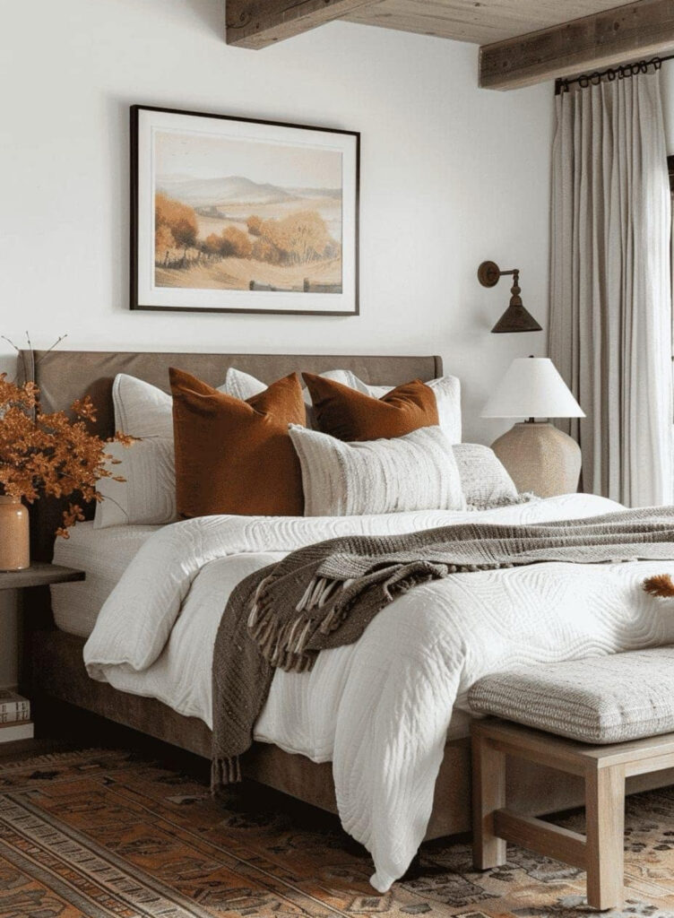 Rustic fall bedroom with rust velvet pillows, gray knit throw, autumn landscape art and wood nightstand — rustic fall bedroom decor ideas.