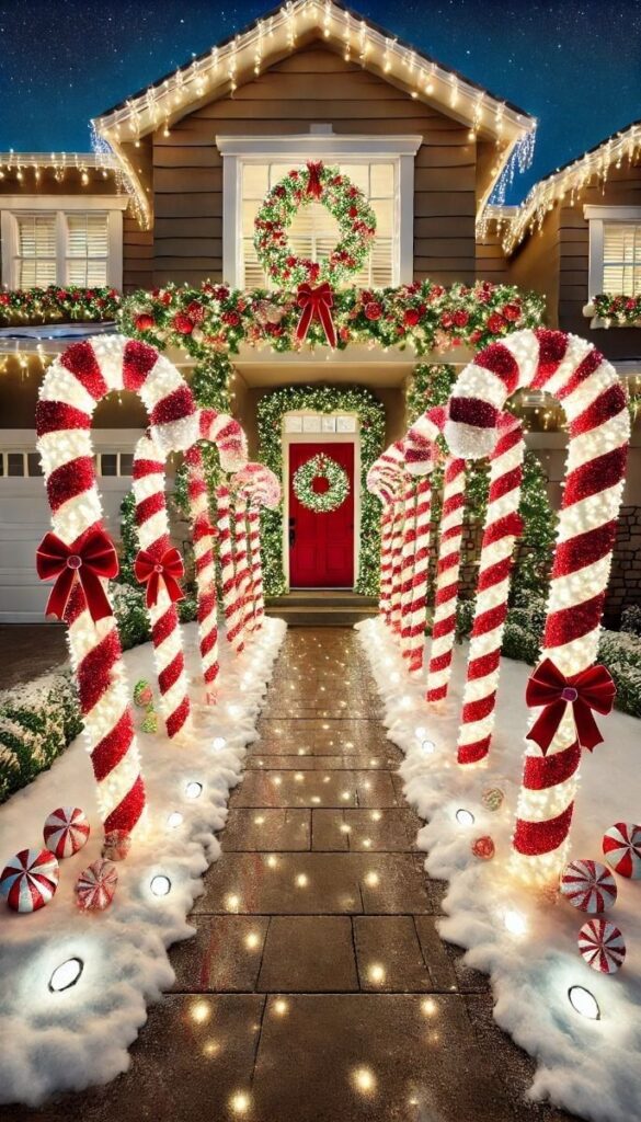 Sparkling candy-cane tunnel leading to a red door framed in lush garland.