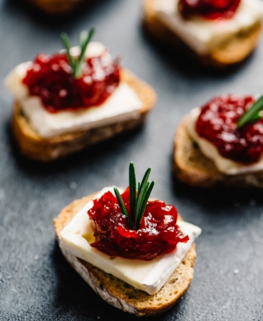 Toasted baguette topped with a square of brie, ruby cranberry sauce, and a tiny rosemary sprig.