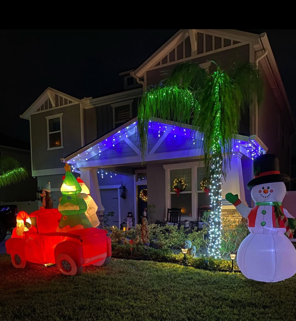 Tropical yard with palm wrapped in lights, blue icicles, inflatables, and window wreaths.