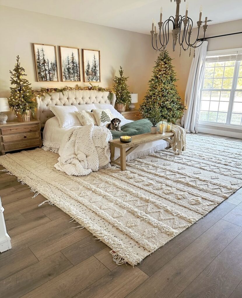 Neutral suite with knit throws, mini pine, and winter art—earthy cozy Christmas bedroom ideas. Layered textures bring quiet warmth.