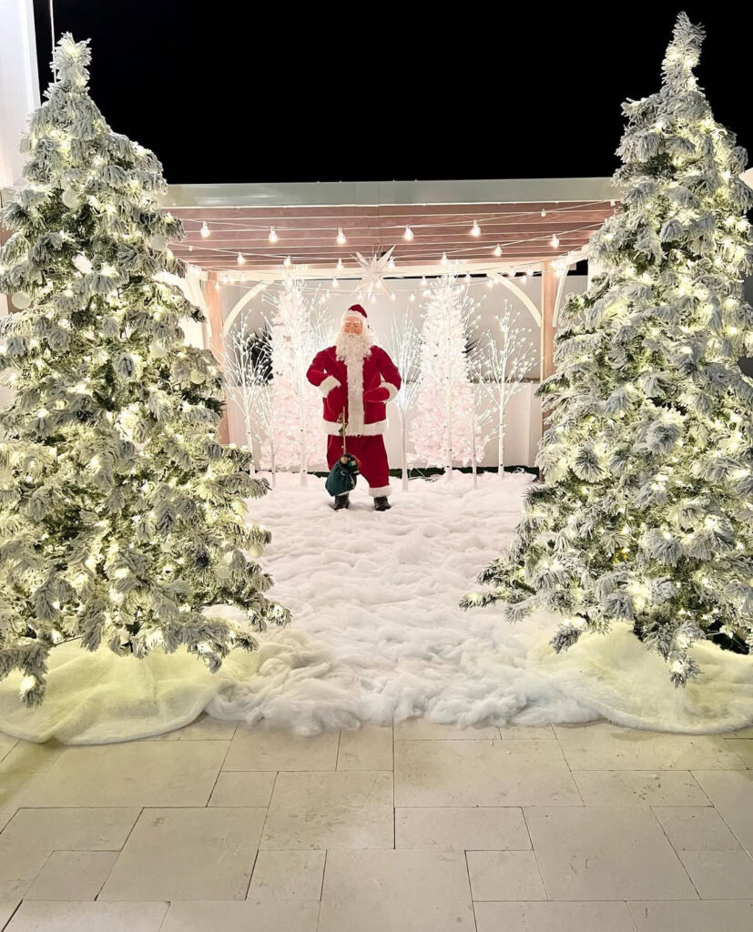 Santa photo spot with flocked trees, faux snow, and café lights under a pergola.