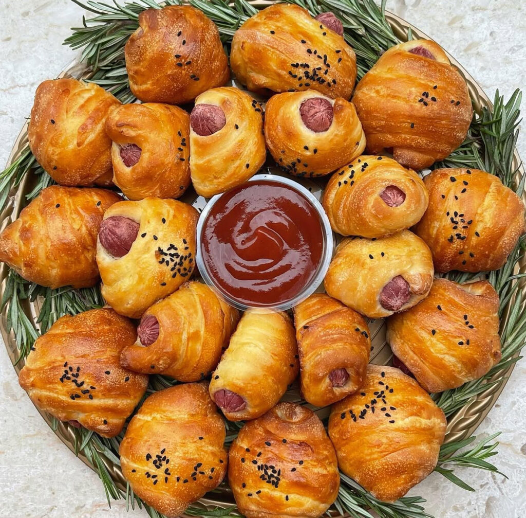 Ring of crescent-wrapped mini hot dogs baked golden, garnished with rosemary and served with dip in the center.
