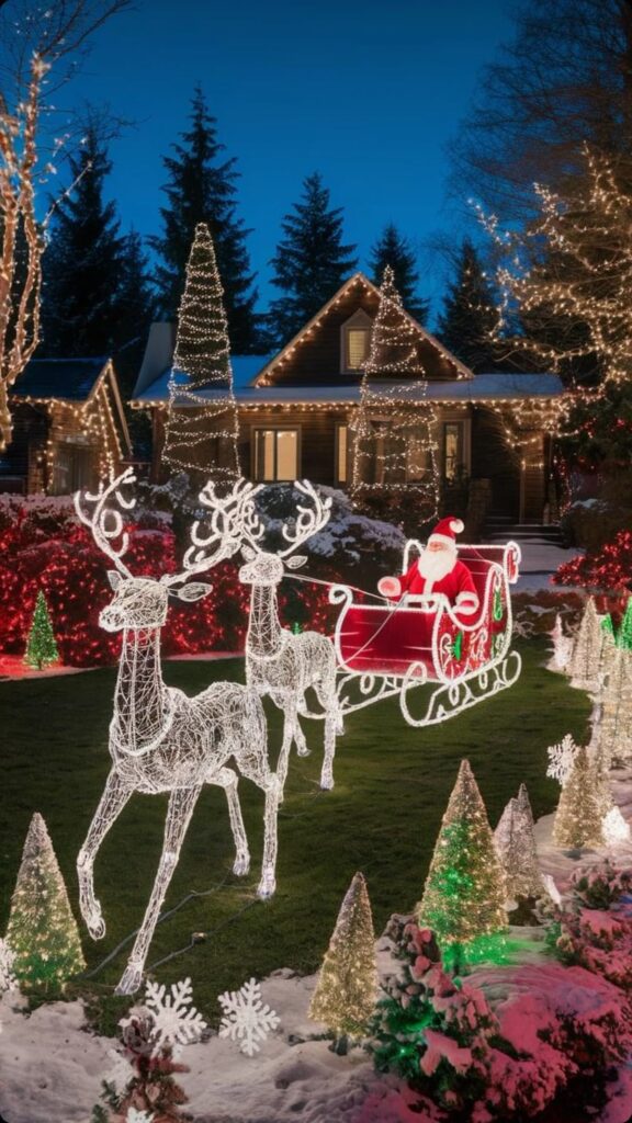 Lawn display of illuminated wire reindeer pulling Santa’s red sleigh among cone trees.