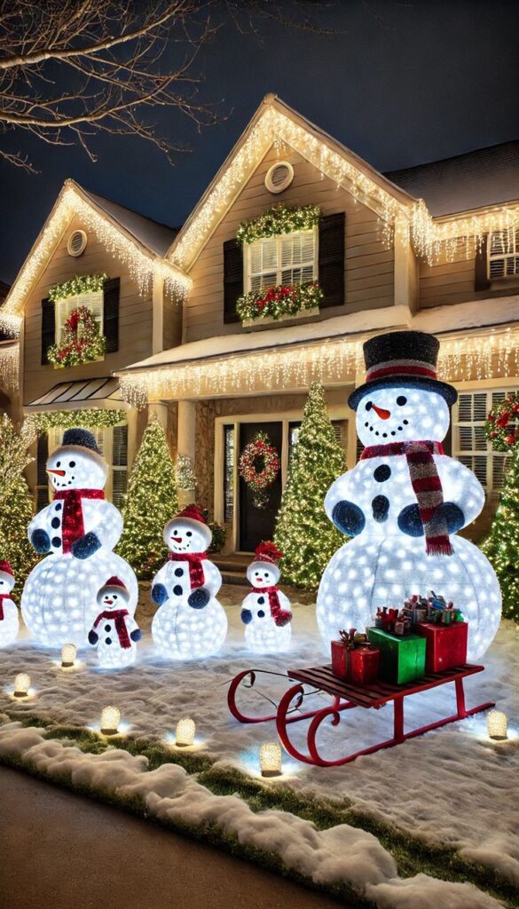 Snowman family of lighted figures with icicle roof lights and evergreen trees.
