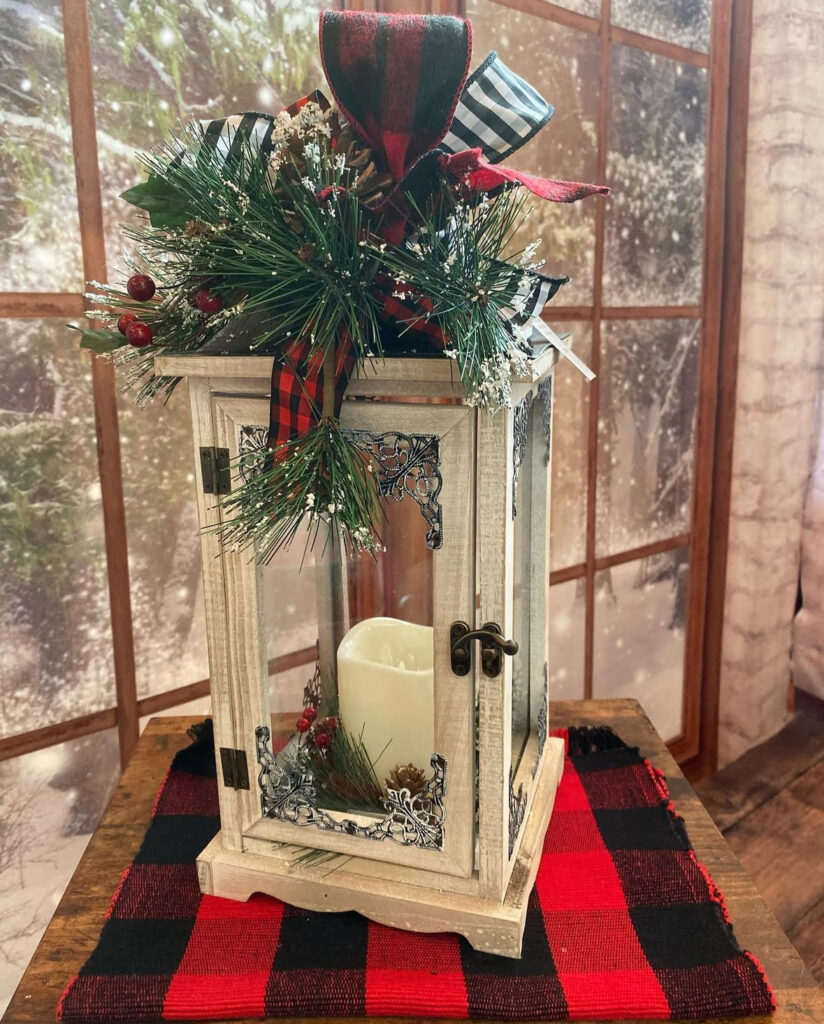 Buffalo plaid ribbon lantern with rustic lodge styling