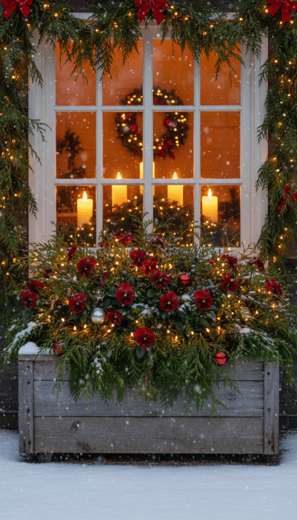 Cedar-stuffed window box with red pansies and twinkle lights—practical Christmas planter box ideas under glowing window candles.