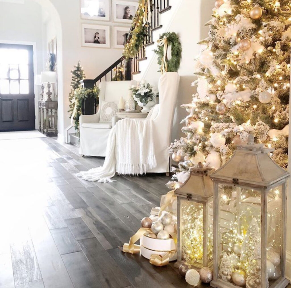 Champagne-gold lantern glowing in an entryway
