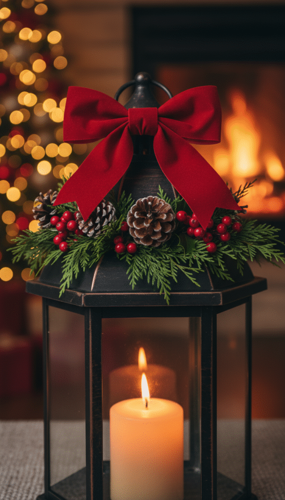 Classic black lantern topped with a bright red bow