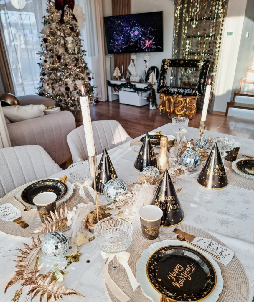 Living room NYE table with hats, disco balls, and 2025 backdrop.