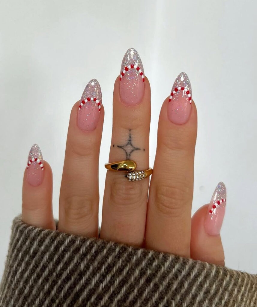 Frosted garland tip nails with peppermint tones