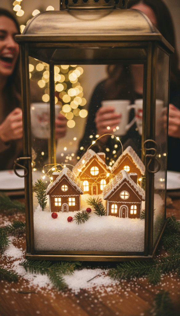 Glass-covered lantern displaying a gingerbread village scene