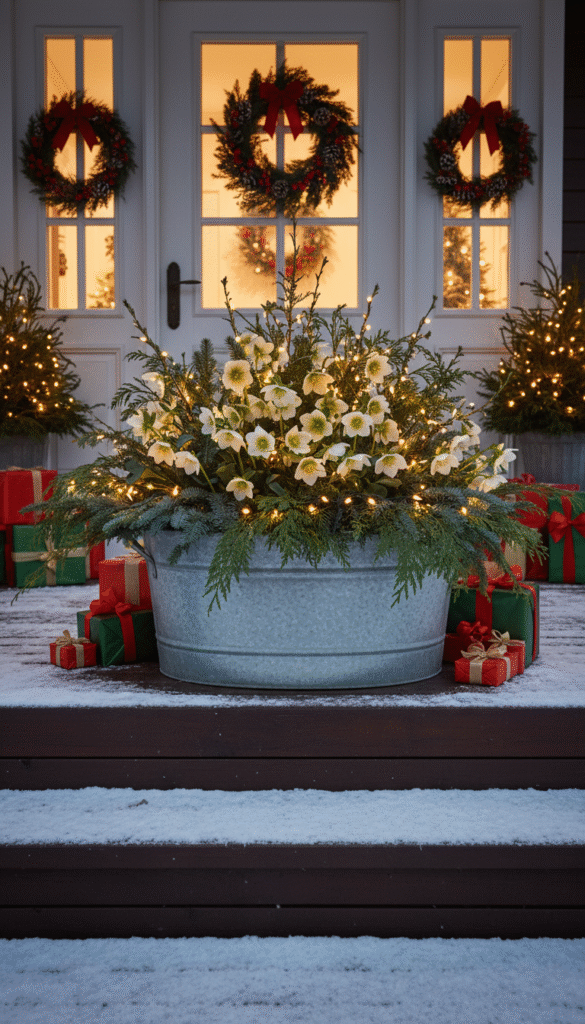 Frost-kissed hellebores, cedar, and spruce in a galvanized tub—durable Christmas outdoor planter ideas for cold climates.