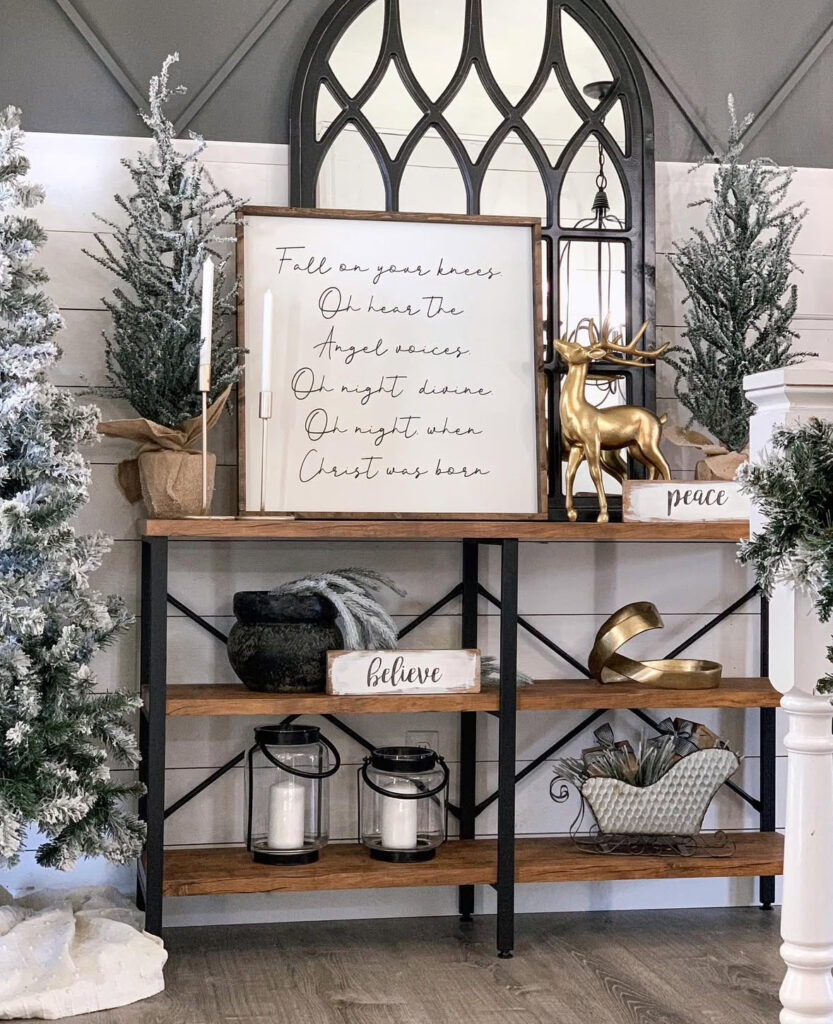 Industrial style shelf decorated with lyric art and simple holiday touches