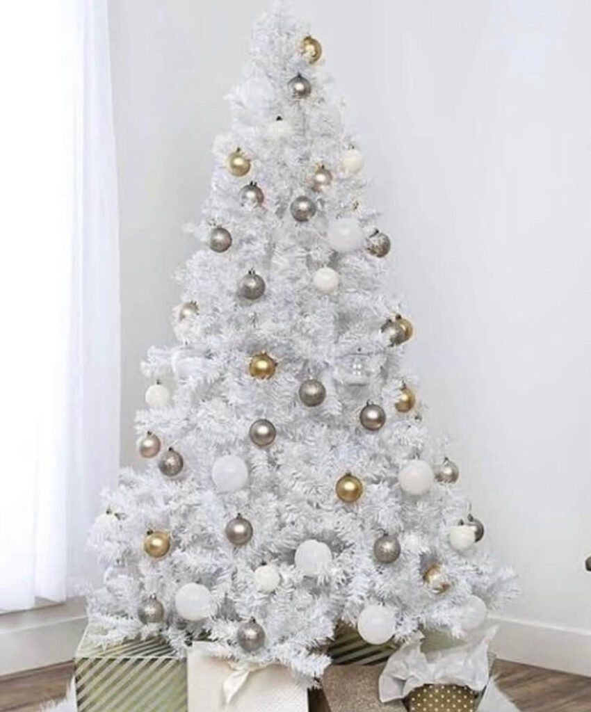 Simple sphere mix—pearl, silver, gold—easy white christmas tree decorations.