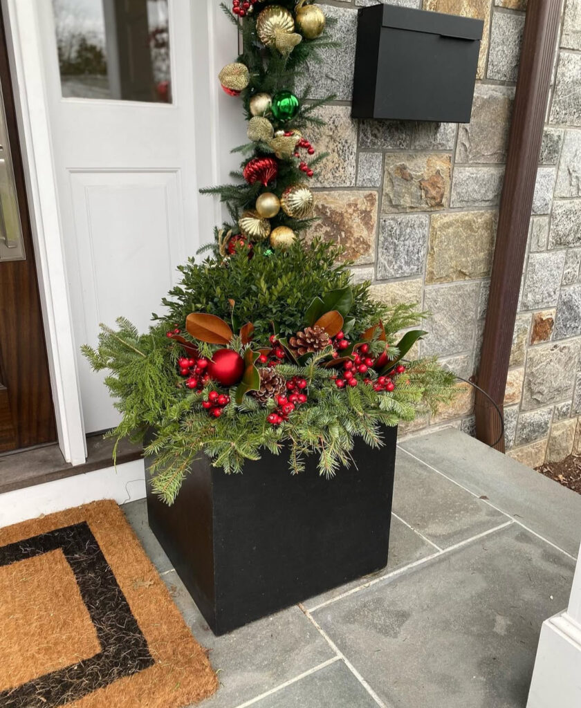 Matte black cube with cedar, magnolia, and red berries—smart Christmas planter ideas for front porch that spotlight bold texture and contrast