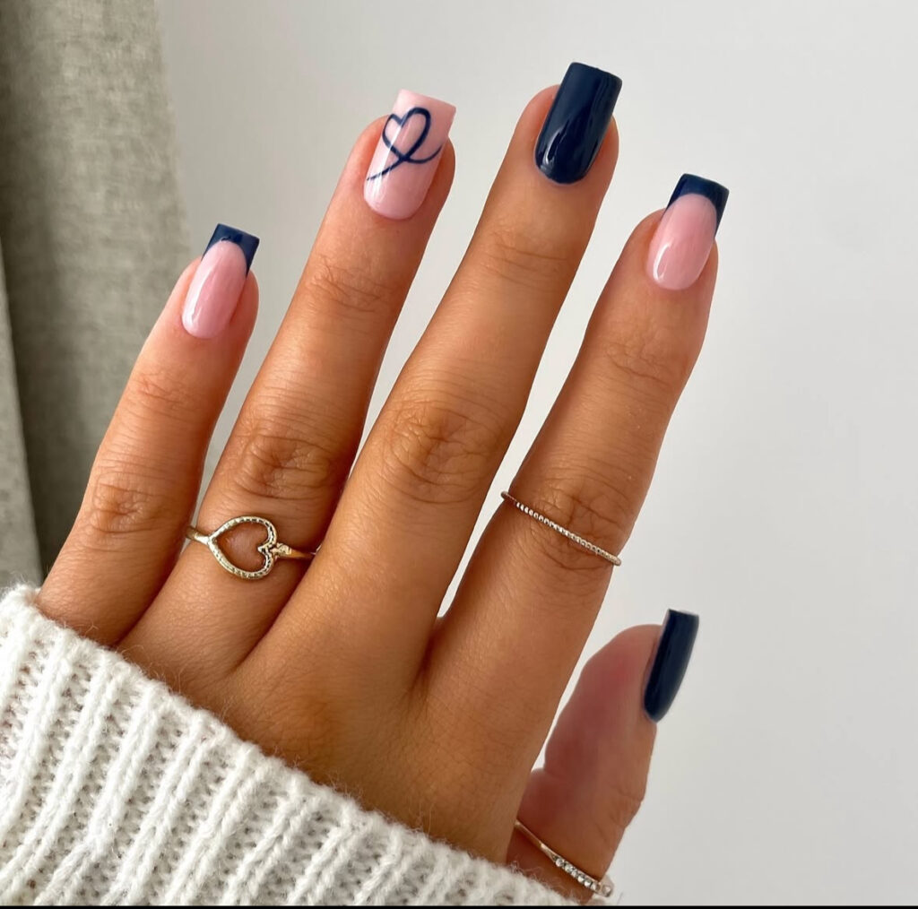 Navy French manicure with heart script