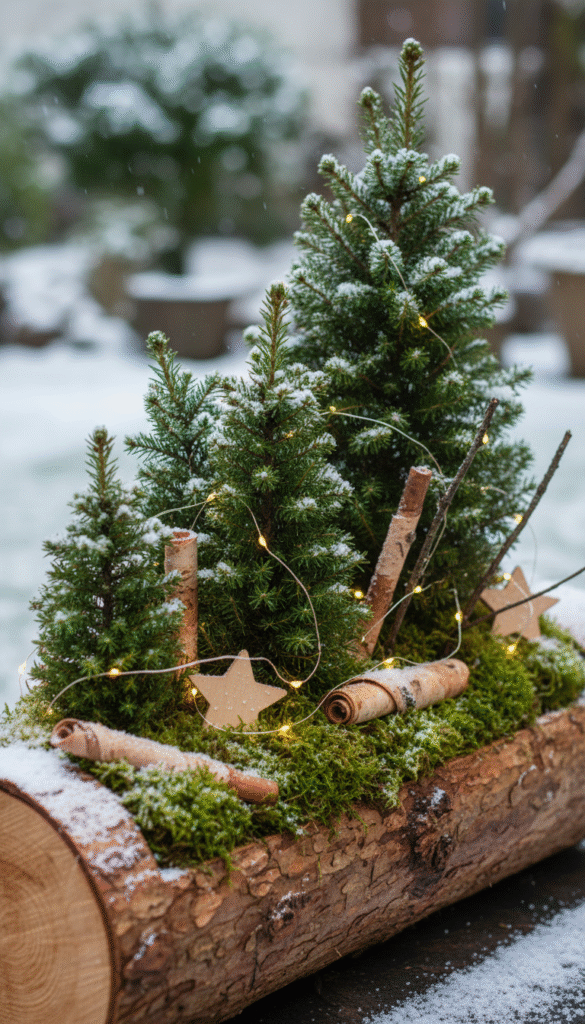 Mini evergreens in a mossy log with birch stars—cozy small Christmas planter ideas that fit narrow sills.
