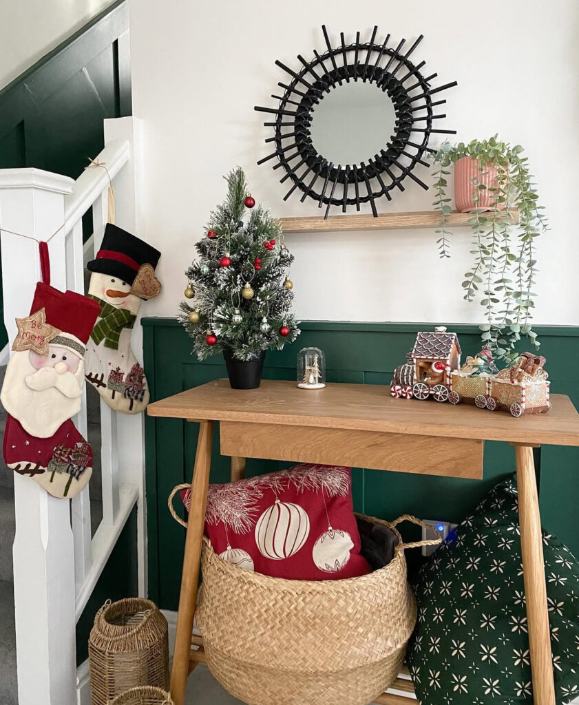 Nordic style nook with hanging stockings and simple Christmas decor