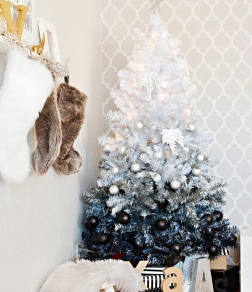 Ombré white-to-charcoal tree—modern white christmas tree decorating ideas with minimal baubles.