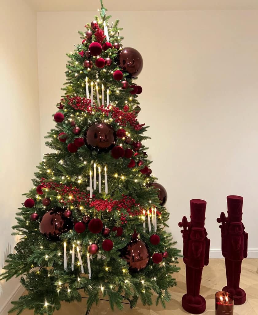 Minimal modern burgundy tree with oversized orb ornaments