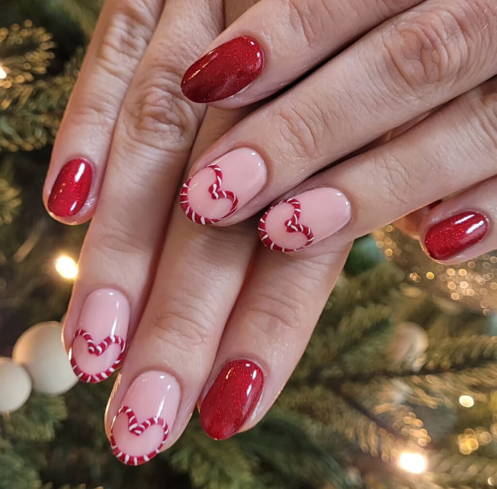 Peppermint heart nail art in red and white