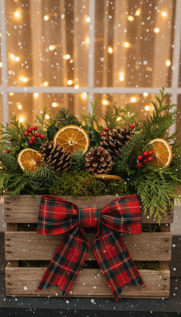 Weathered wood crate packed with cedar, pinecones, berries, and dried oranges—nostalgic Christmas planters with farmhouse charm.
