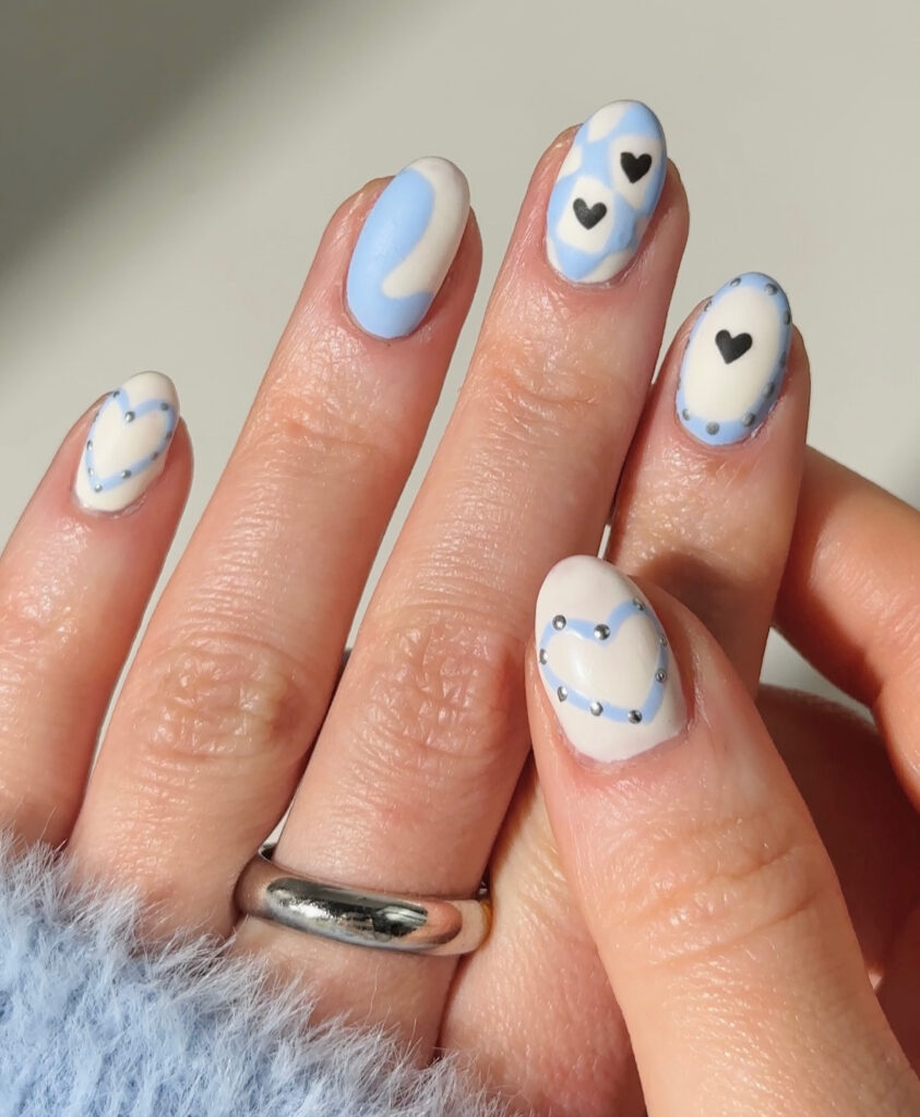 Puffy heart nails with matte winter blues