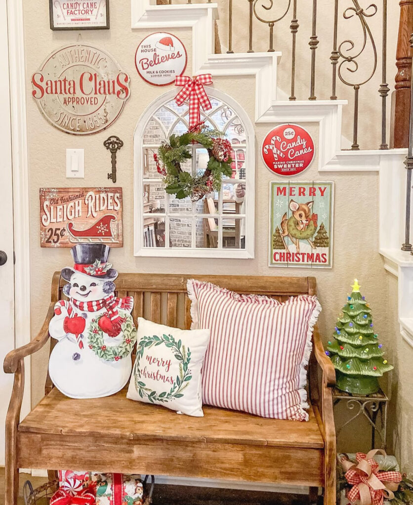 Retro candy cane themed entryway with gallery wall art