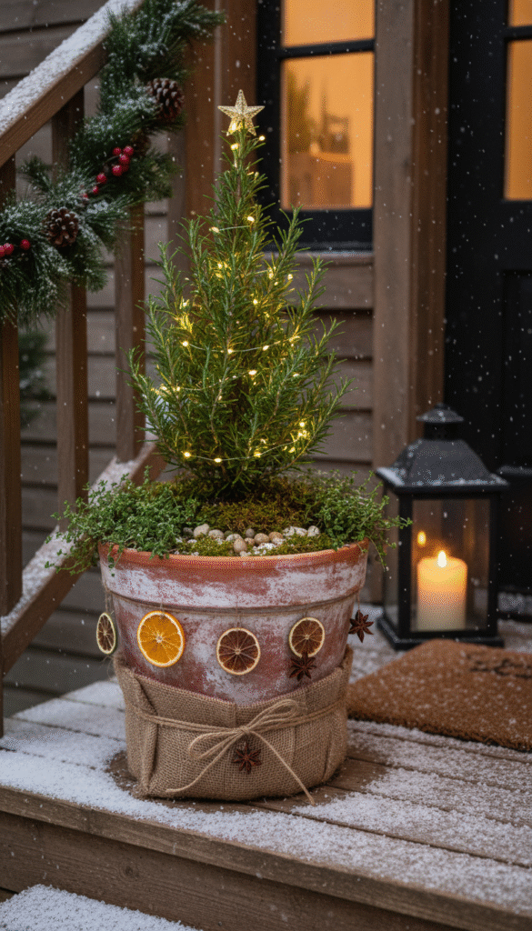 Rosemary “tree” in aged terracotta with dried orange slices and micro-lights—charming Christmas tree in planter ideas for small porches.