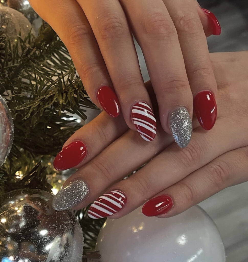 Ruby red stripe nails with starlight accents
