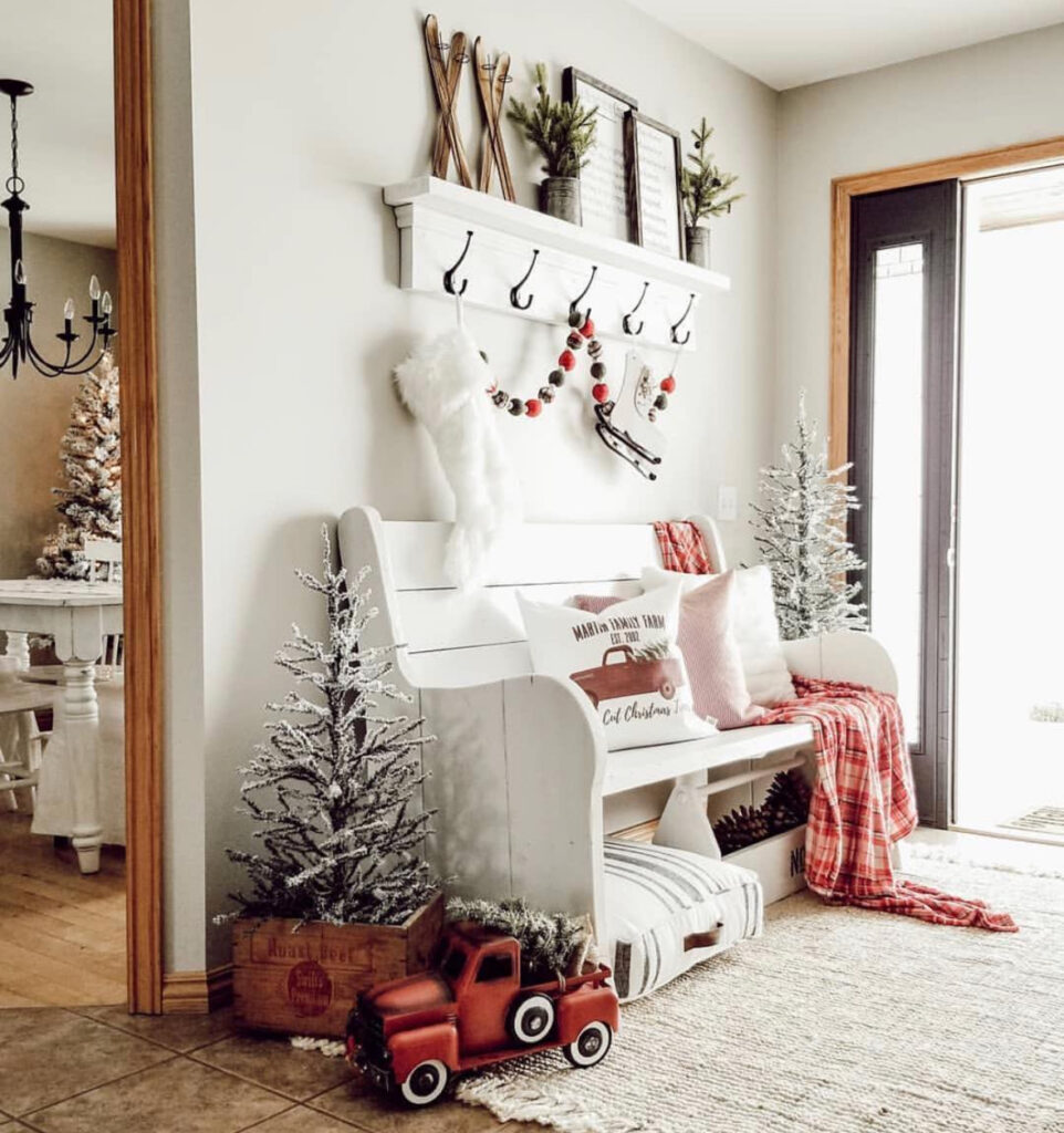 Ski lodge inspired Christmas entry with cozy winter accents