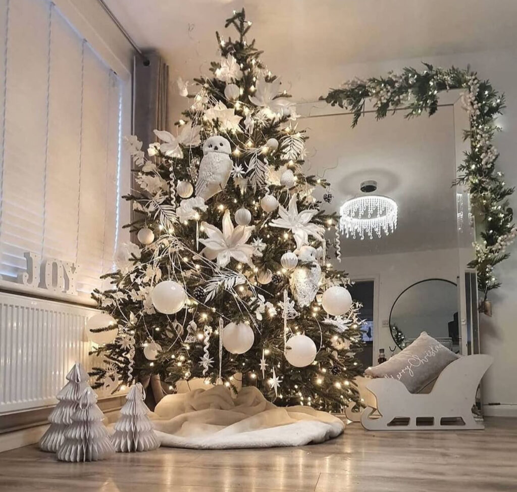 Green fir dressed in all-white owls and baubles—formal white house christmas tree inspiration.