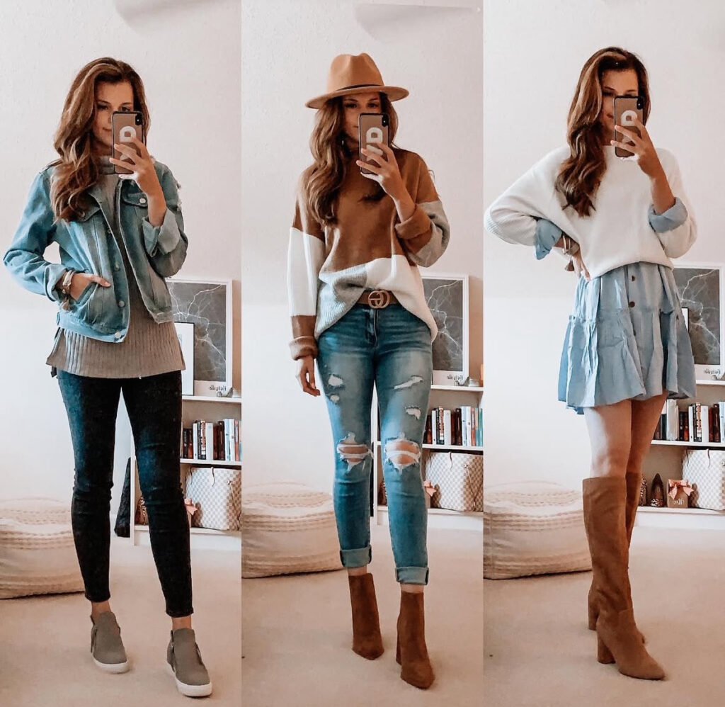 Three-outfit collage: denim jacket with leggings and slip-ons; color-block sweater with ripped jeans, hat, and booties; white sweater with blue mini dress and tan knee boots.