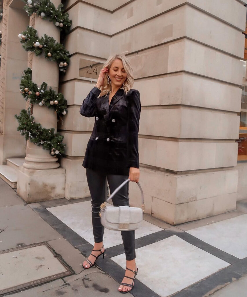 Double-breasted velvet blazer with leather-look skinnies and strappy heels; sophisticated women&#039;s new years eve outfits.