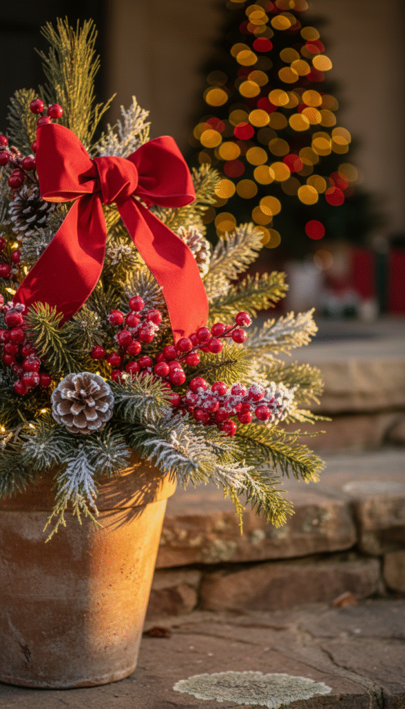 Terracotta pot with snowy spruce, sugared berries, and a velvet bow—classic Christmas planter ideas for terraces or steps.