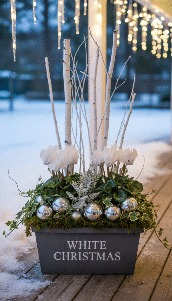 Graphite box with birch poles, white cyclamen, silver orbs, and icicle lights—crisp Christmas planters in a monochrome palette.