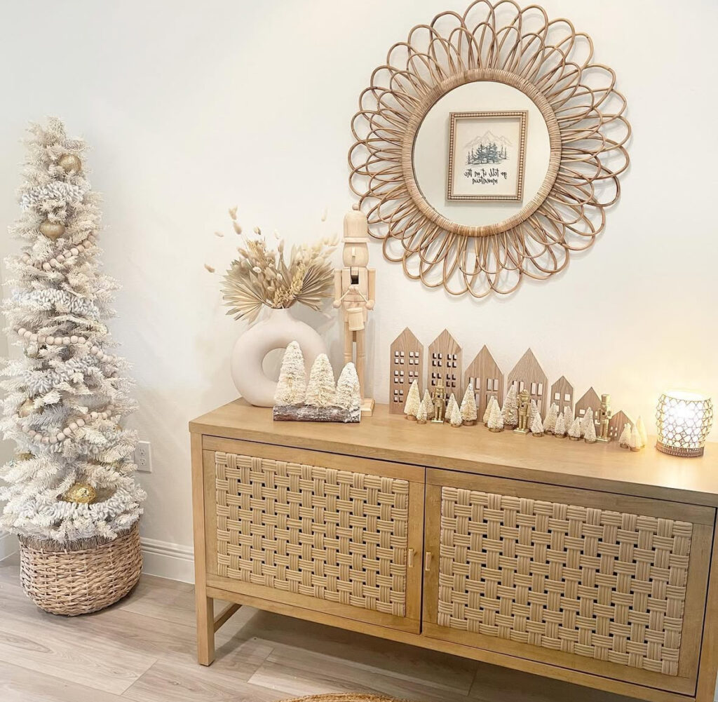 Neutral entryway decorated with woven textures and minimalist Christmas decor