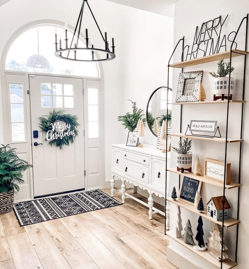 bright entryway with open shelves and bohemian Christmas decor