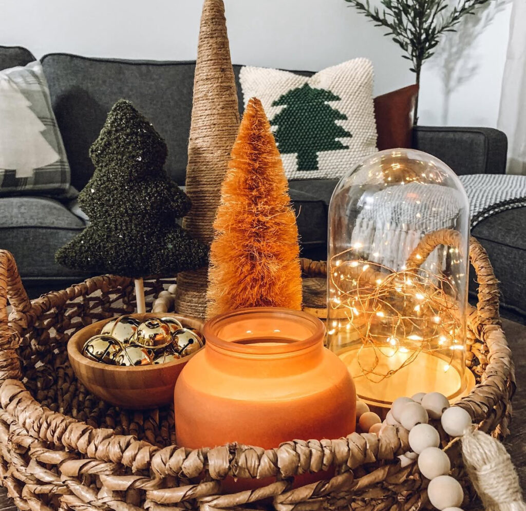 coffee table tray with bottle brush trees in boho Christmas styling