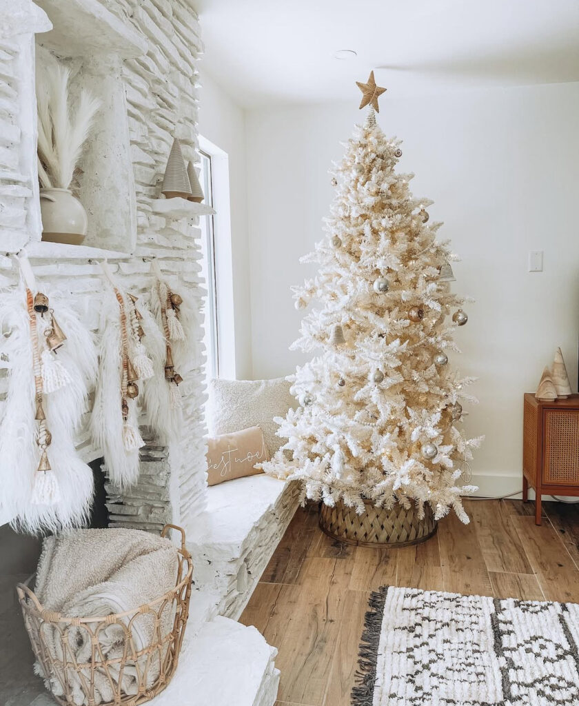 cream Christmas tree with pampas and bohemian stockings
