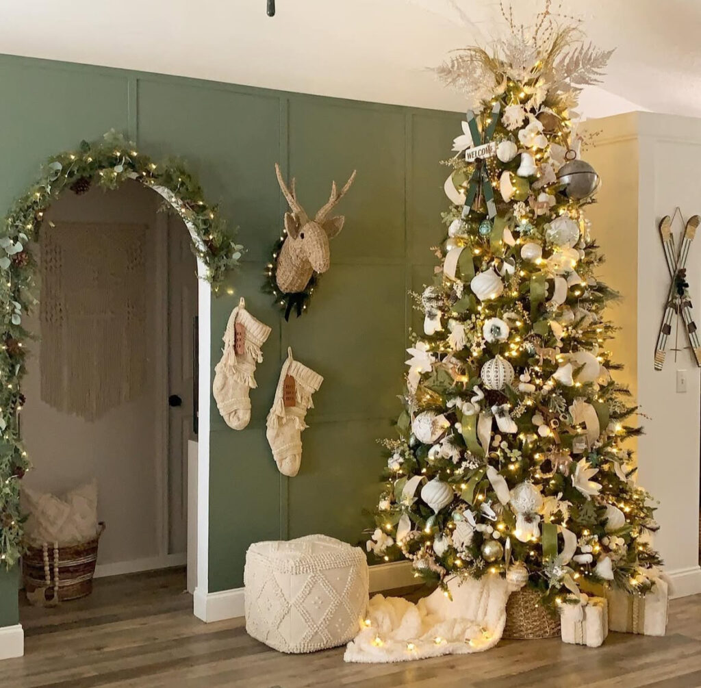 forest green wall and archway with bohemian Christmas decorations