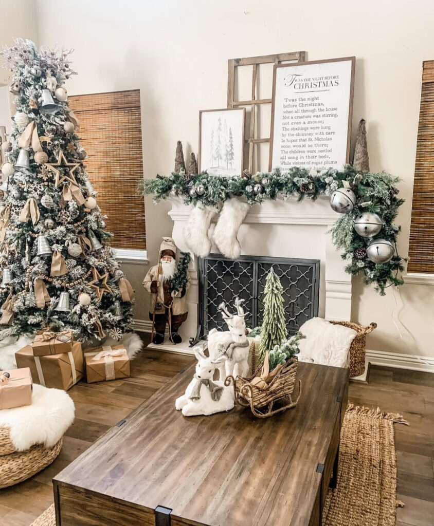 holiday mantel with bells and garland in bohemian Christmas decor