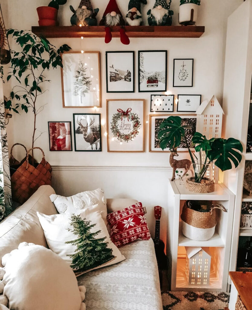 gallery wall with gnomes and fairy lights in a boho Christmas living room