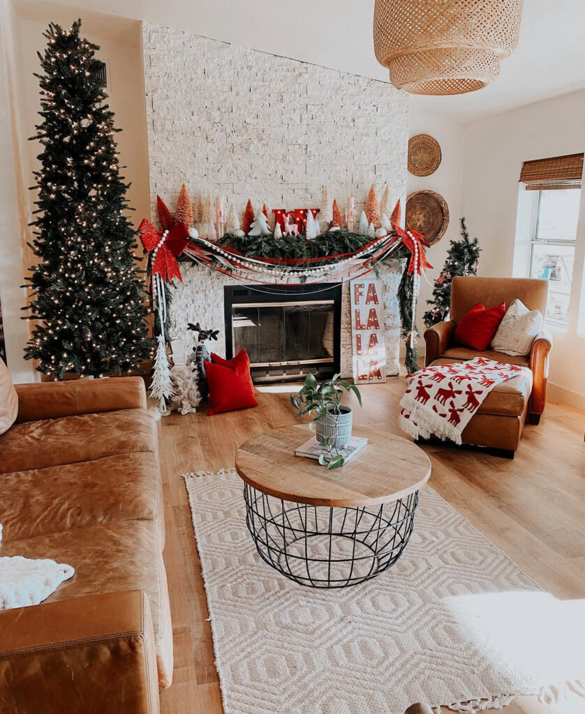 mantel with marquee letters and red accents in boho chic Christmas decor