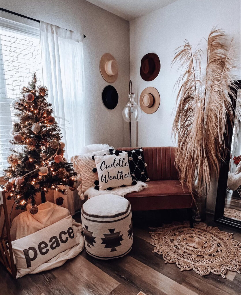 moody nook with velvet and pampas in boho chic Christmas decor